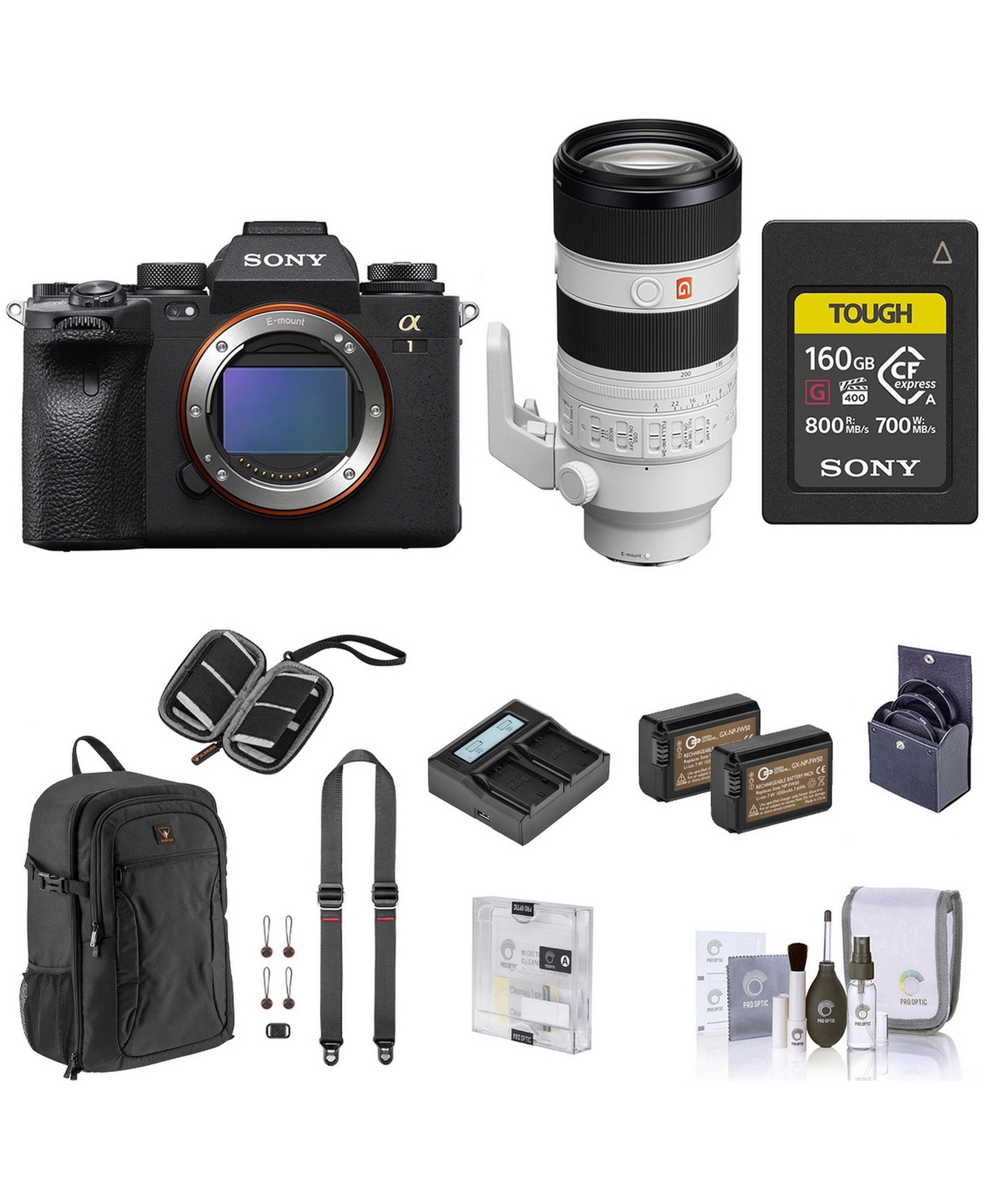 Sony Alpha 1 Mirrorless Camera with Fe 70-200mm f/2.8 Lens, Bundle w/160GB CFexpress Card/Wallet, Backpack, 2x Battery, 72mm Filter Kit, Dual Charger