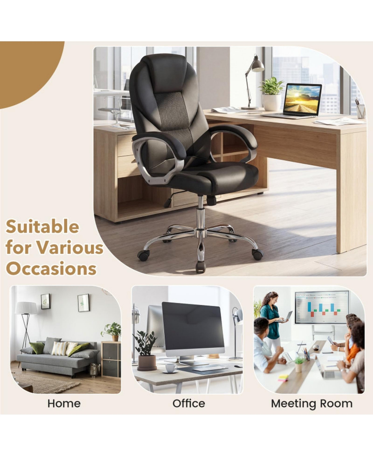 Sugift Ergonomic Leather Mesh Executive Office Chair with Padded Armrests and Rocking Backrest