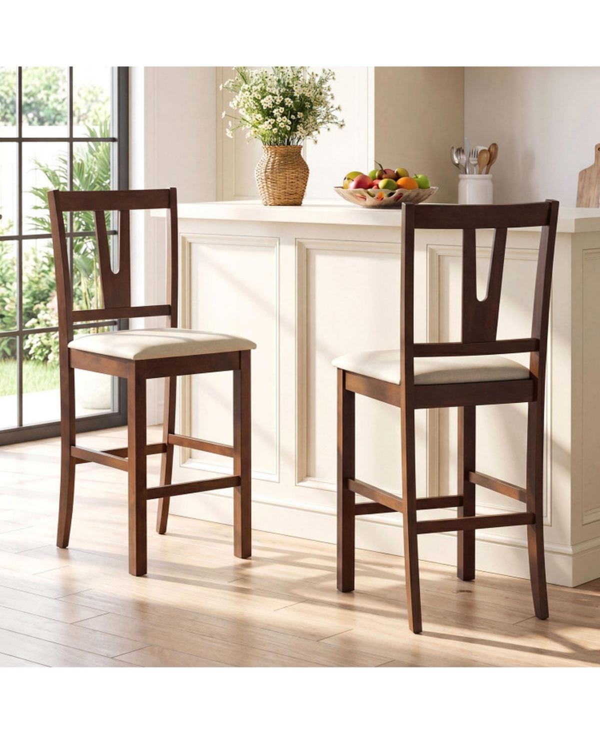 Sugift Counter Height Bar Stools Set of 2 with Contoured V-Back and Upholstered Cushioned Seat