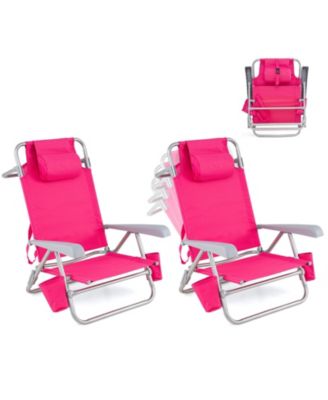 2 Pack Beach Chair With 7-Position Backrest Cooler Bag Towel Bar Pillow Cup Holders