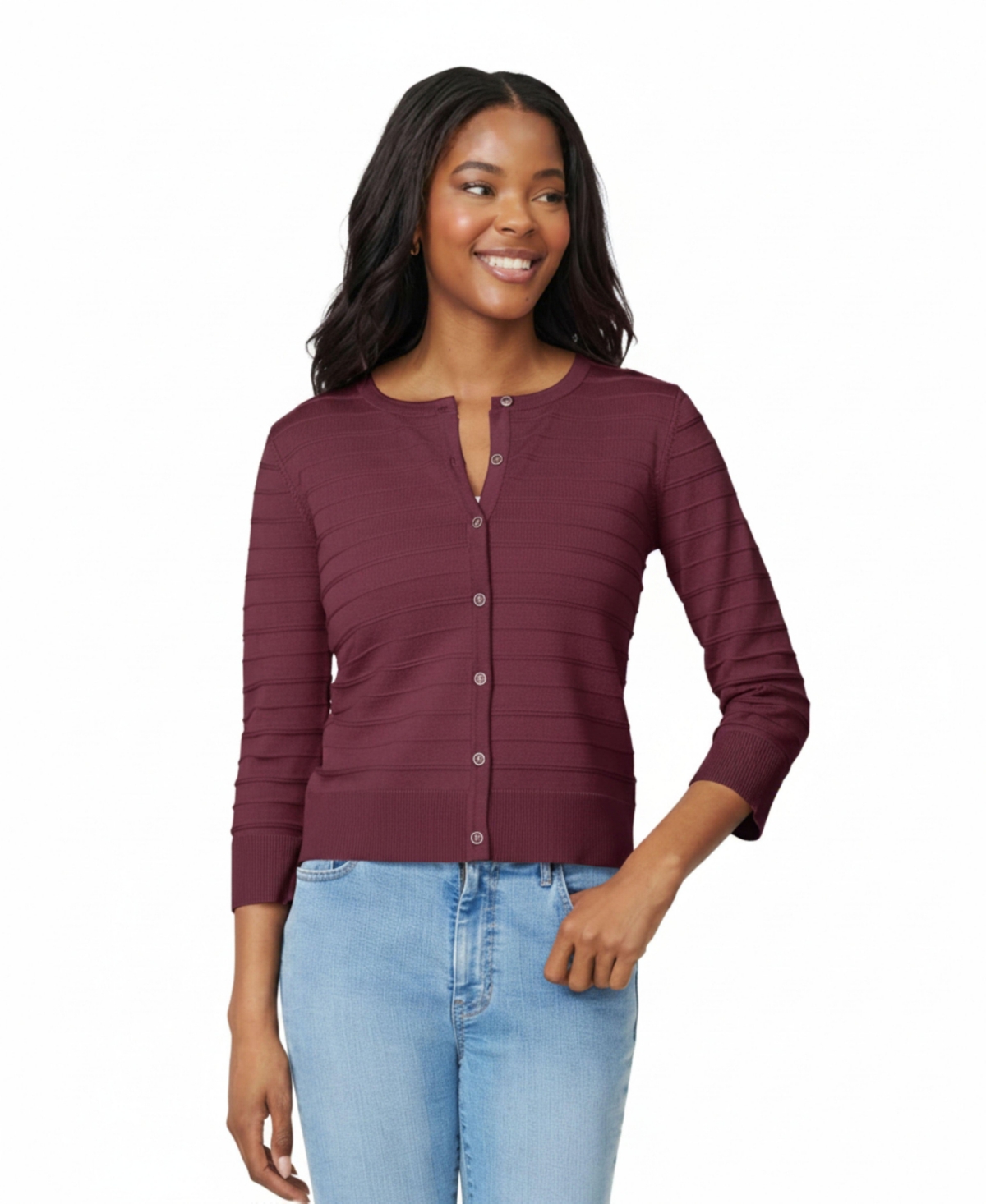 Melissa Paige Women's Ottoman-Rib 3/4-Sleeve Crewneck Cardigan