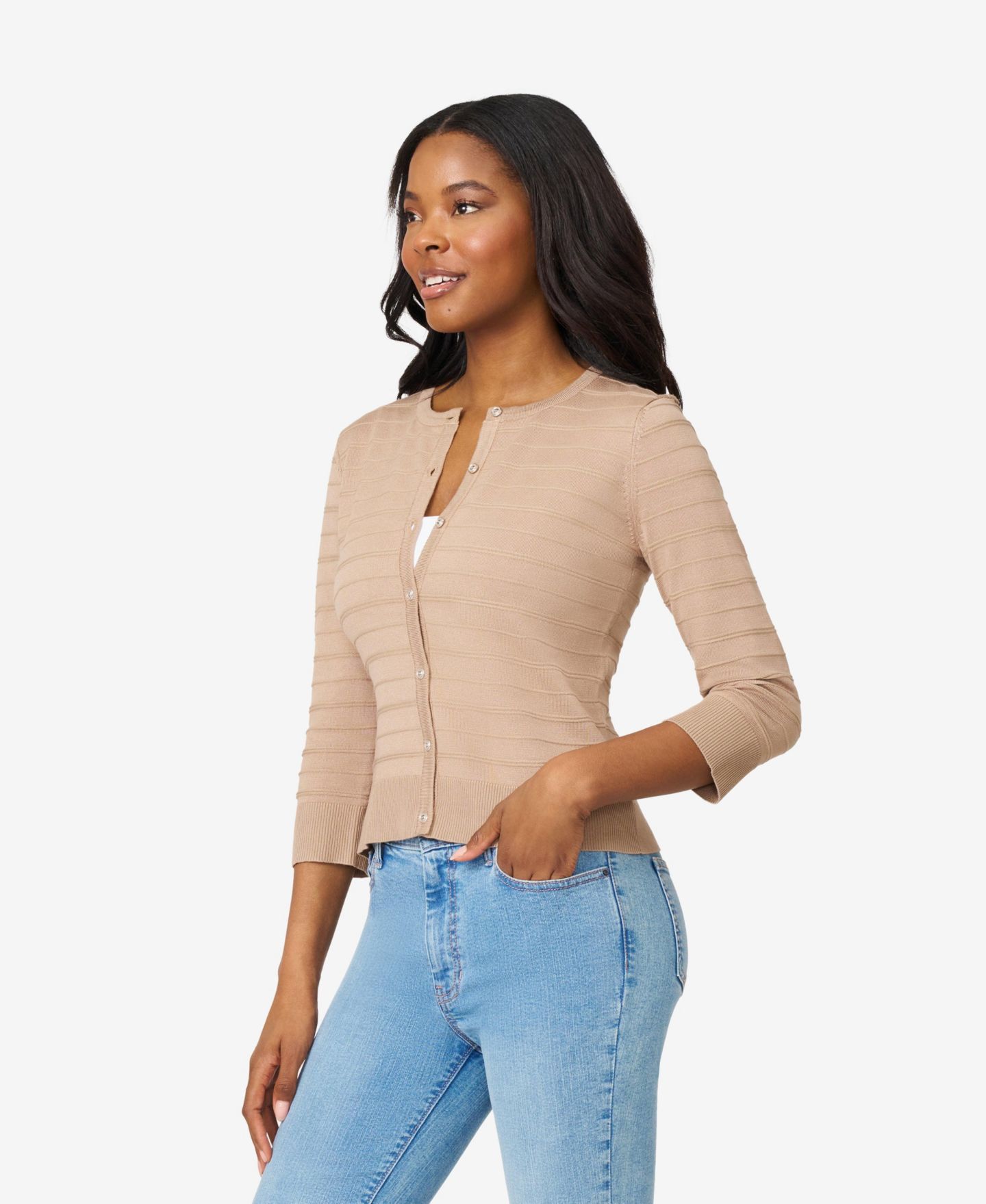Женский кардиган Melissa Paige Ottoman-Rib 3/4-Sleeve Crewneck, цвет: Верблюжий — фото 4