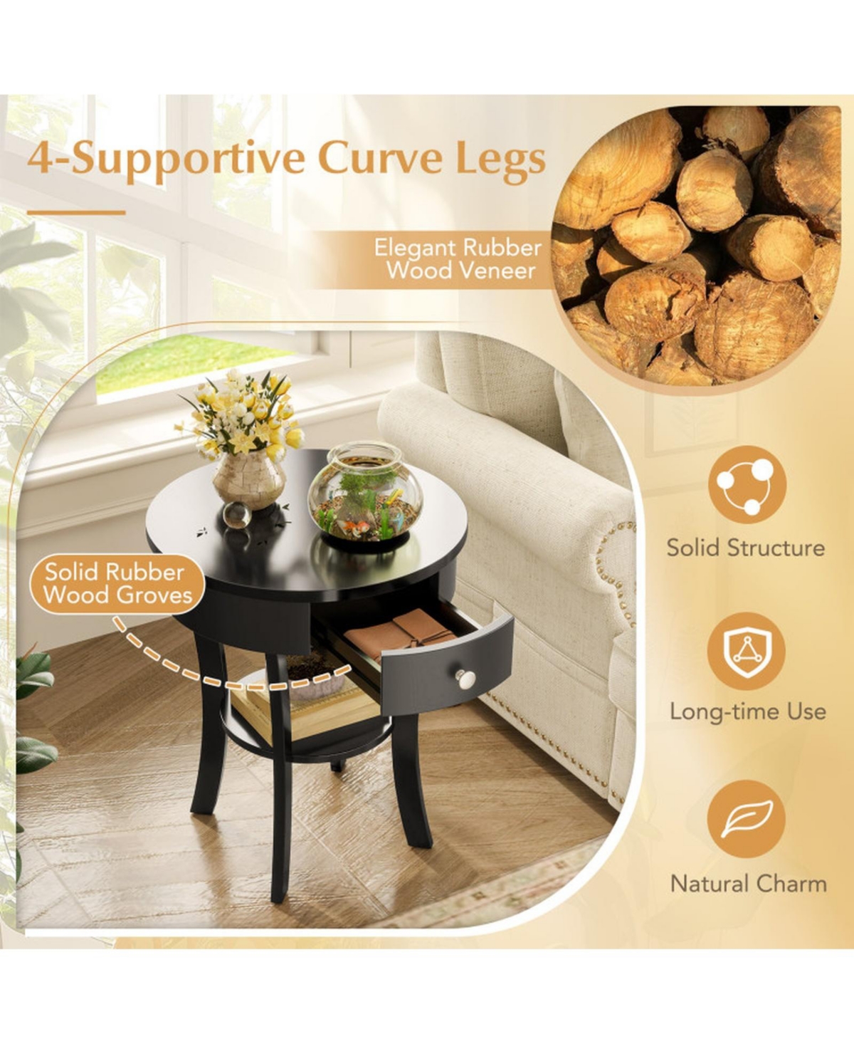 Sugift 2-Tier Round End Table with Open Drawer and Storage Shelf