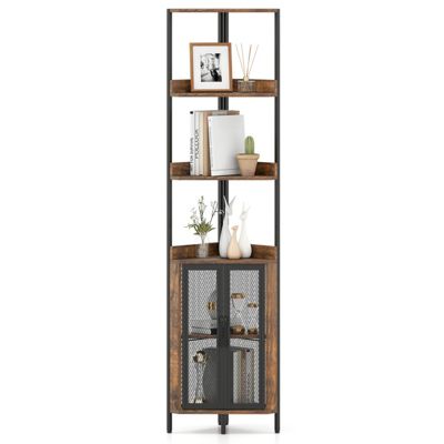 67 Inch Tall Corner Bookshelf 6-Tier Industrial Bookcase with Mesh Cabinet