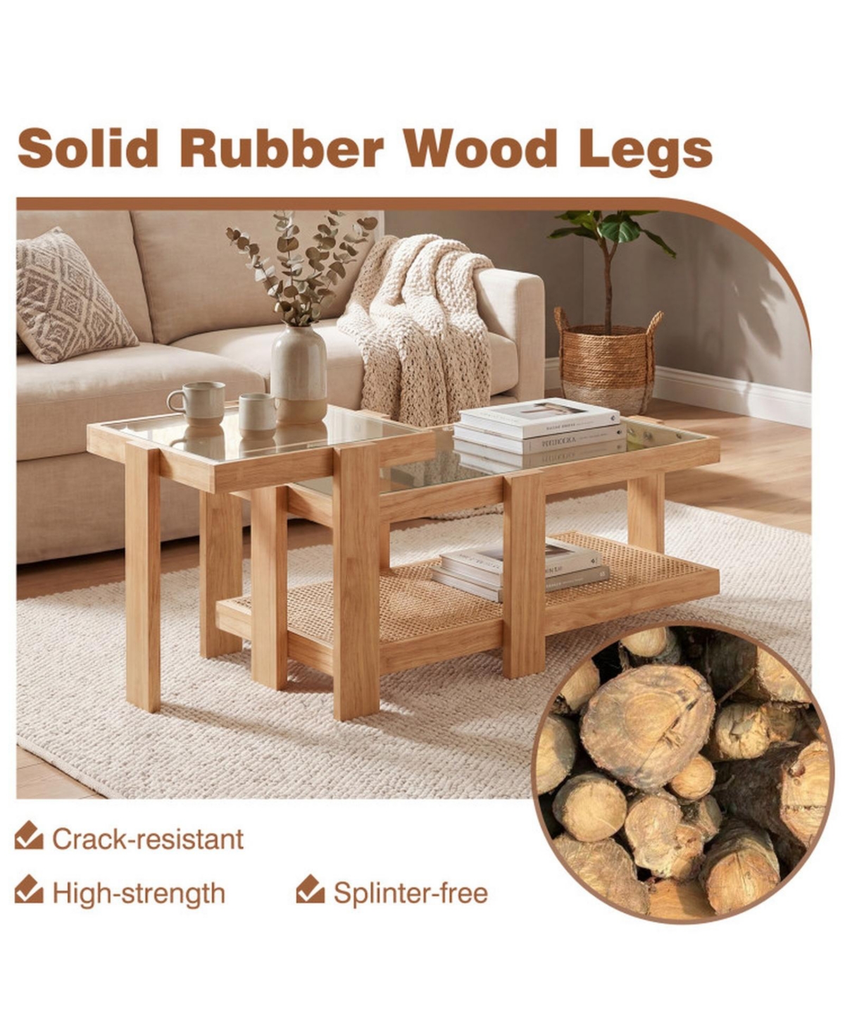 Sugift Set of 2 Nesting Coffee Tables with Tempered Glass Tops and Rattan Shelves
