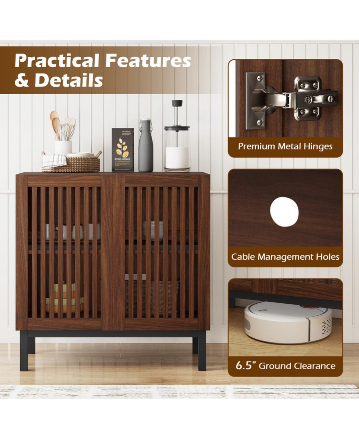 Sugift 32 Inch Farmhouse Buffet Cabinet with Grille-Striped Doors and Adjustable Shelf