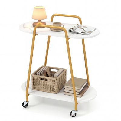 2-Tier Rolling End Table with Faux Marble Shelves and Push Handle