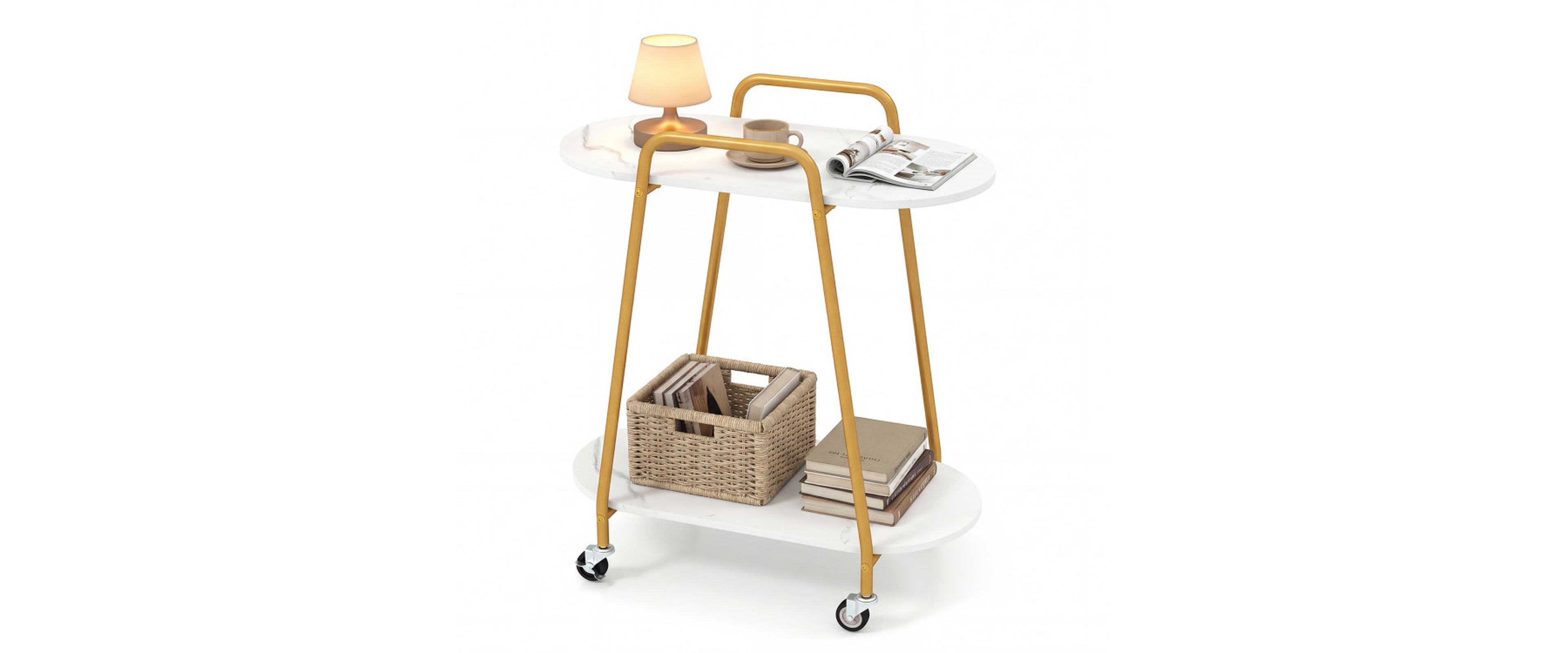 Sugift 2-Tier Rolling End Table with Faux Marble Shelves and Push Handle