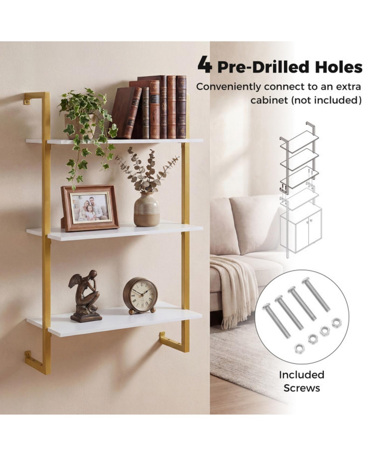 Sugift 3-Tier Floating Wall Shelf with Metal Frame for Kitchen Bathroom and Home Office