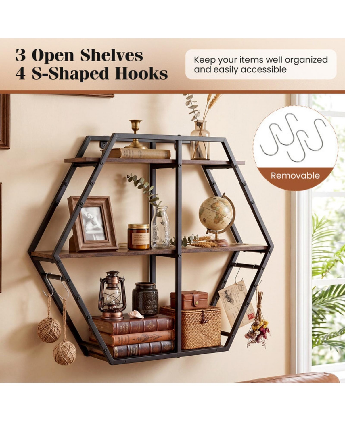Sugift 3-Tier Geometric Wall Mounted Bookcase Hexagon Display Shelf with 4 S-Shaped Hooks