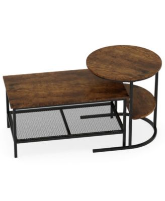 Industrial 2-Piece Faux Marble Coffee Table and End Table Set with Storage Shelves