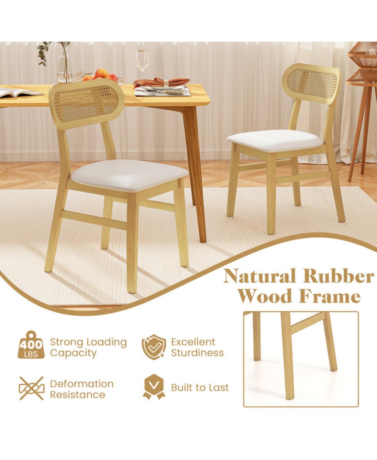 Sugift Mid Century Dining Chairs Set of 2 with Rattan Woven Backrest and Faux Leather Padded Seat
