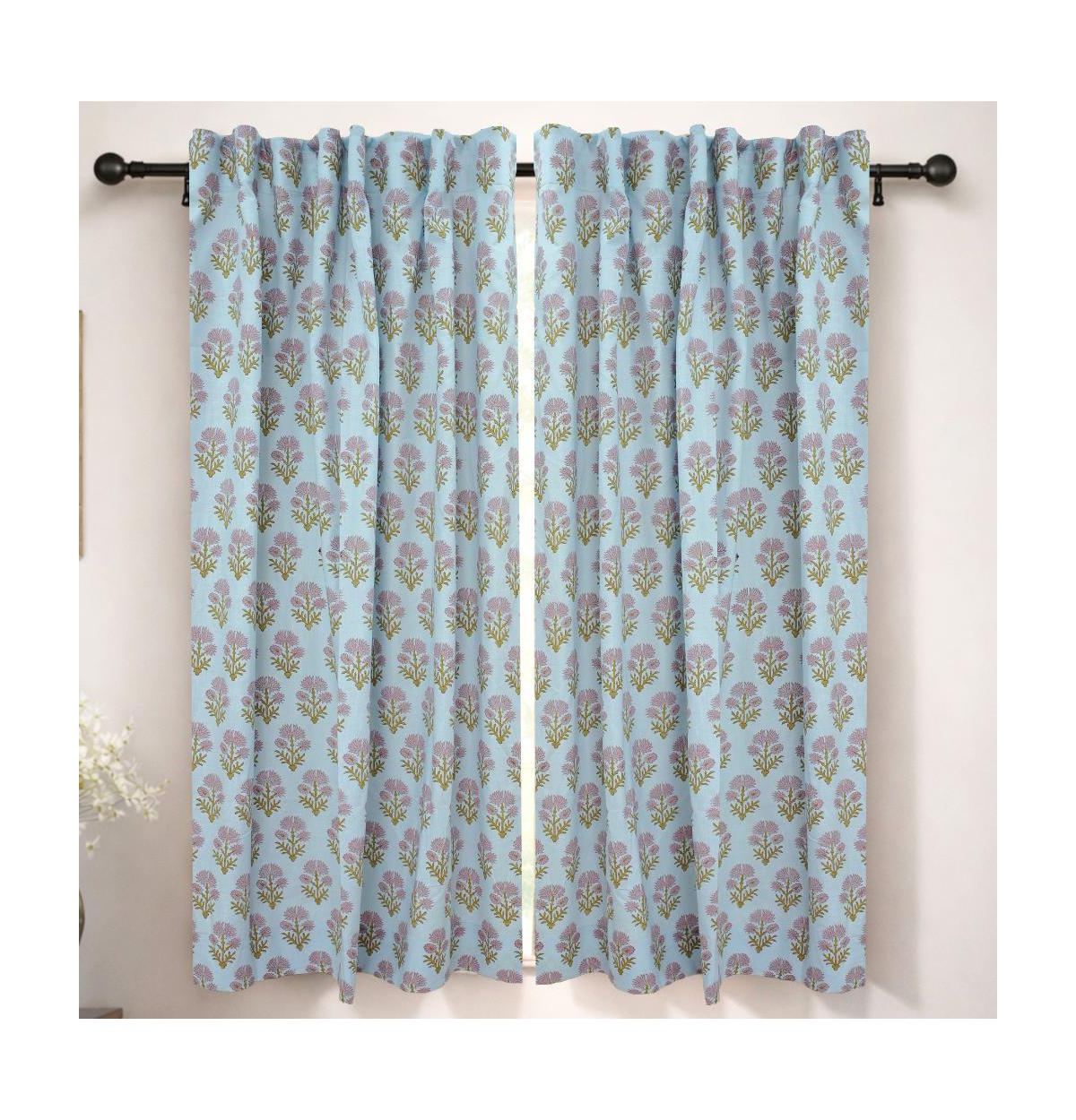 Fabdivine Juhi Boho Handmade Floral Block Print Linen Curtains