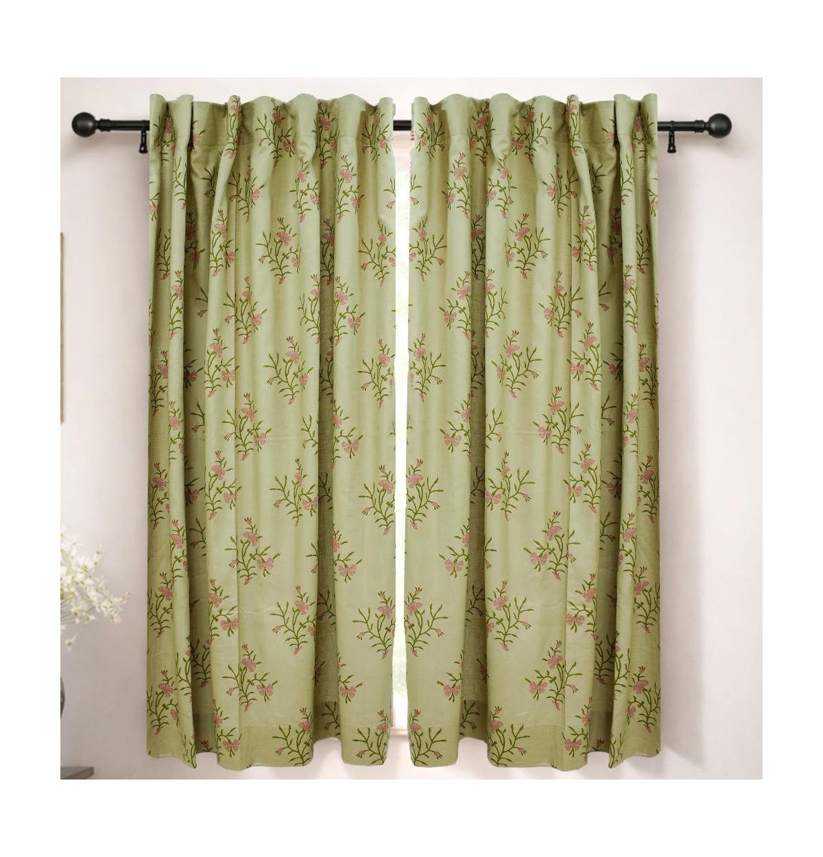 Fabdivine Handcrafted Floral Block Print Viscose Linen Curtains Panel