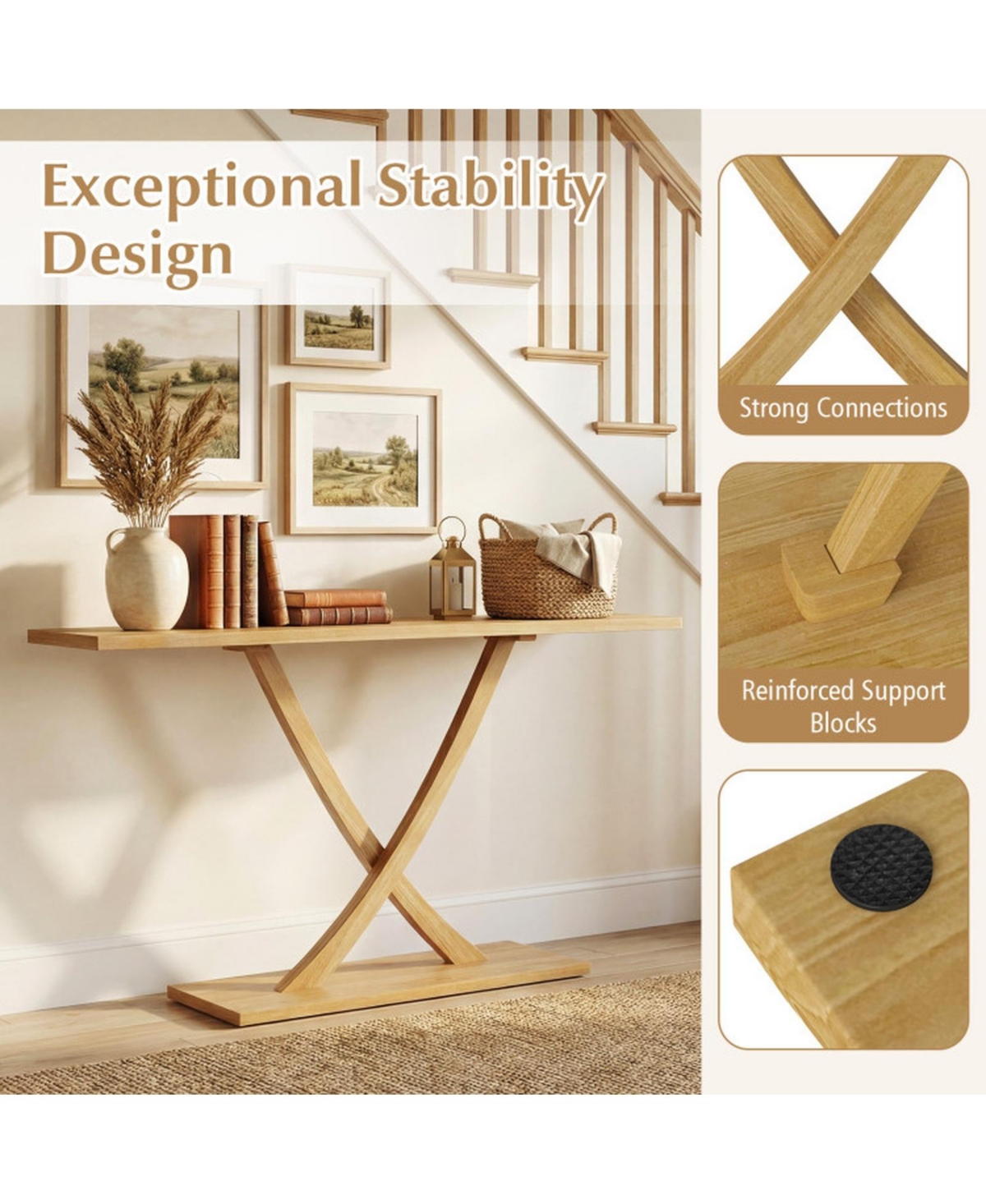 Sugift 57 Inches Solid Teak Wood Console Table with Geometric Open Frame for Entryway