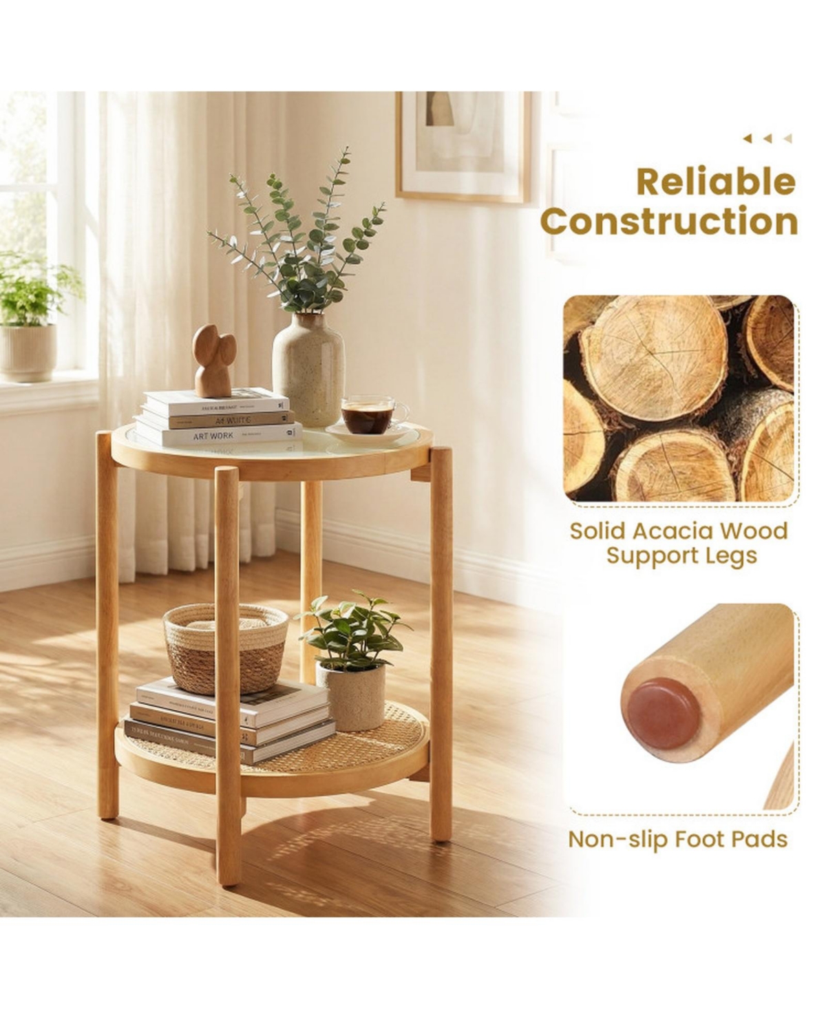 Sugift 2-Tier Round Boho End Table with Tempered Glass Top and Woven Shelf