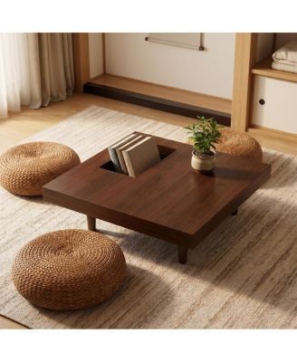Square Wooden Coffee Table with Storage, 34.5 Inches