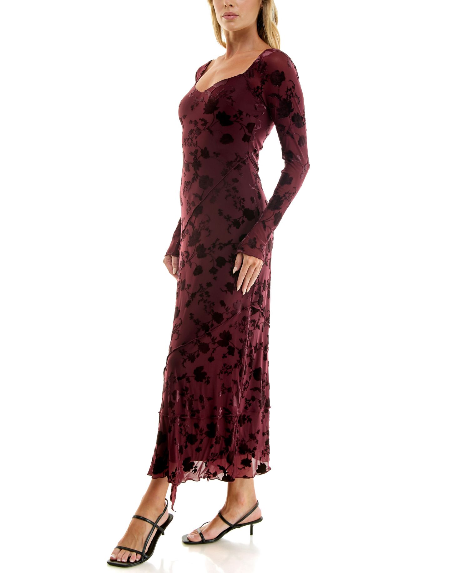 Juniors' Long-Sleeve V-Neck Velvet-Burnout Midi Dress