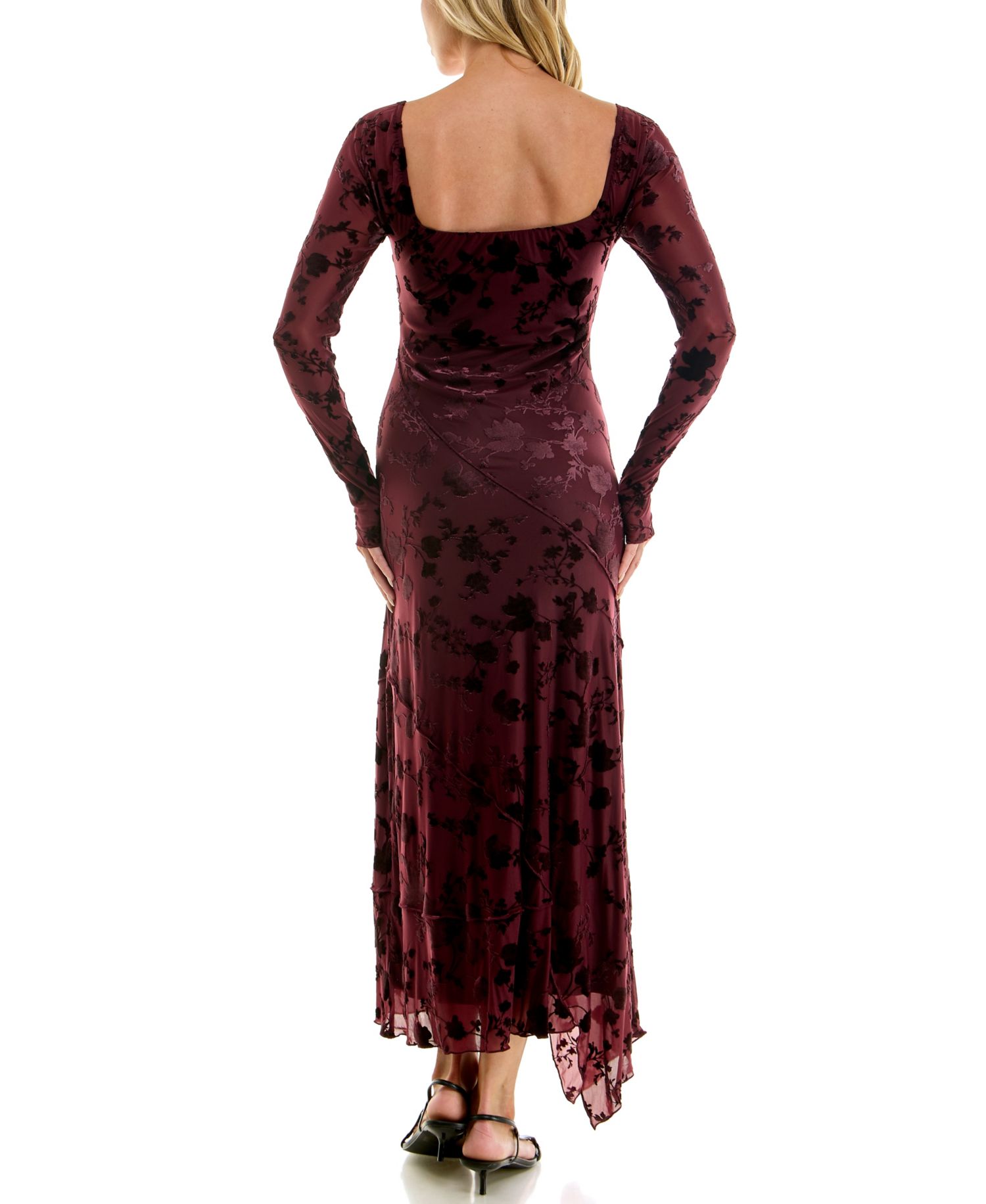 Juniors' Long-Sleeve V-Neck Velvet-Burnout Midi Dress