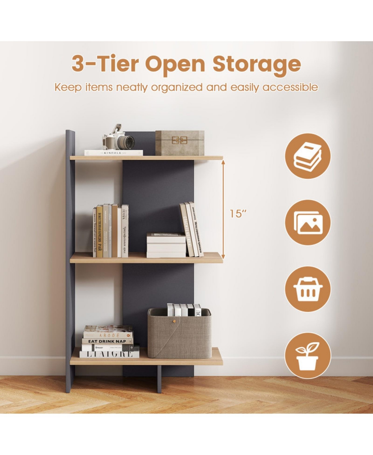 Sugift 3-Tier Wooden Bookshelf with Anti-Tipping Kit and 15 Inch Shelf Spacing