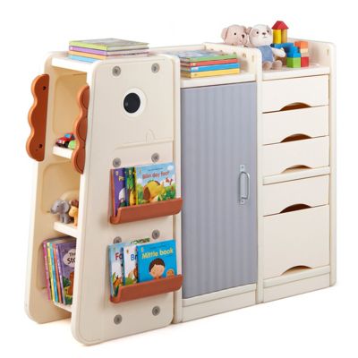 Kids Toy Storage Organizer 38 Inch Dinosaur Themed Shelf Unit with 5 Removable Bins