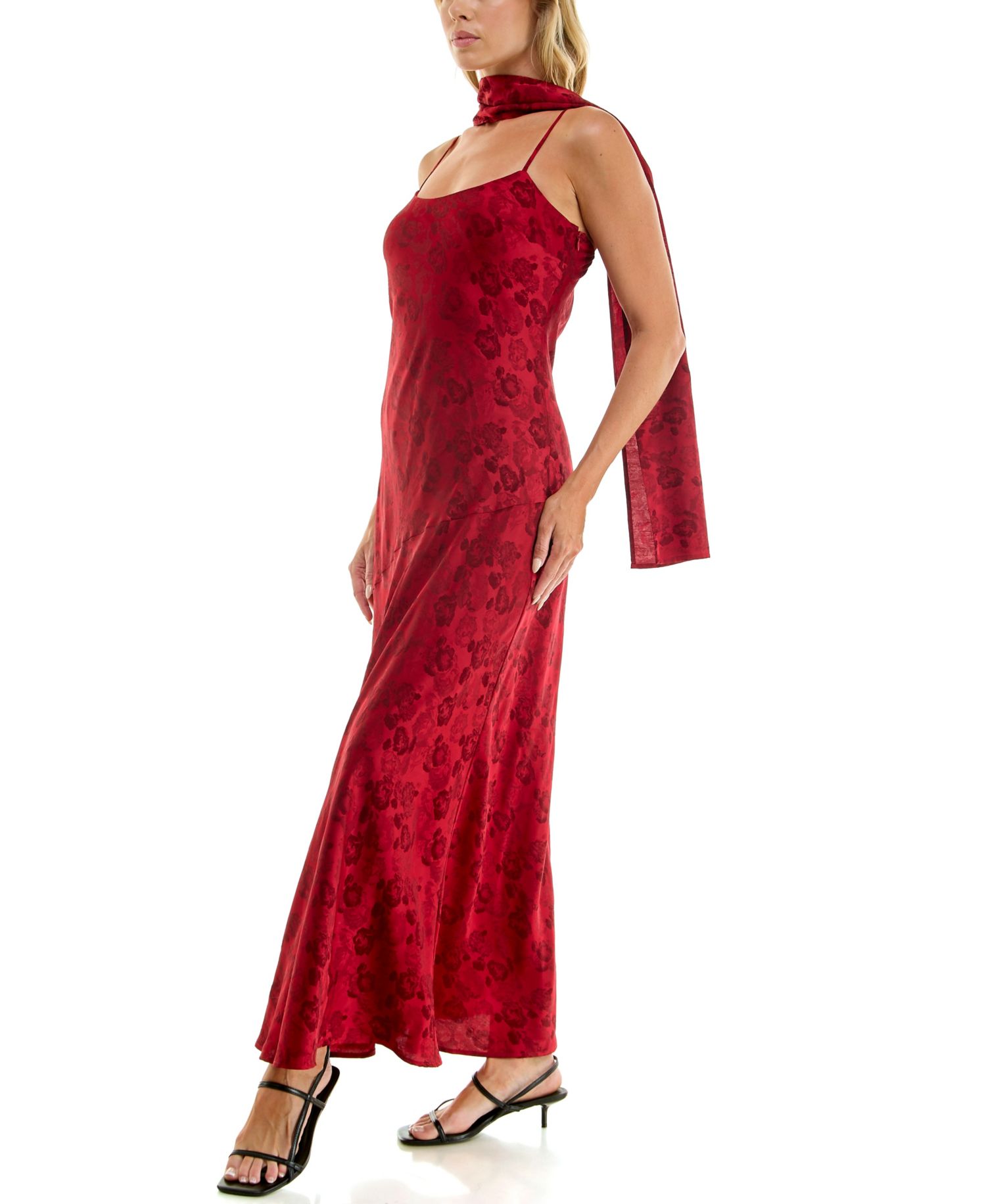 Juniors' Sleeveless Floral Slim Jacquard-Satin Maxi Dress with Matching Scarf