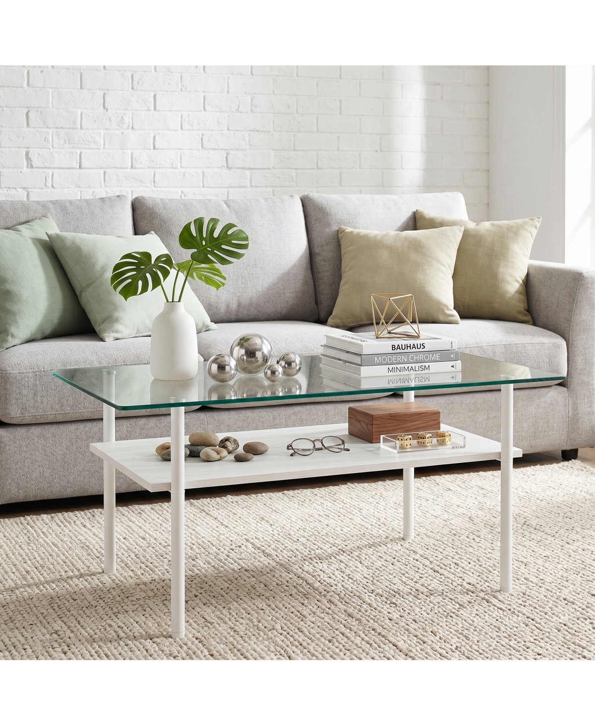 Streamdale Furniture Modern Glass Coffee Table with Wood Shelf and White Metal Legs