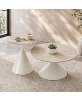 2-Piece Round Travertine Coffee Table Set