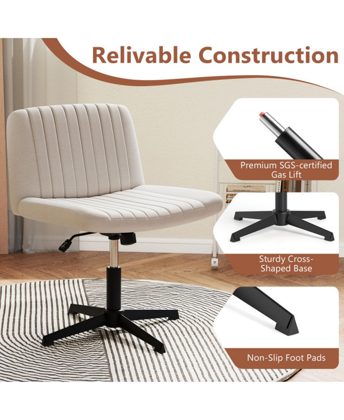 Sugift Cross-Legged Swivel Desk Chair No Wheels with Extra Wide Linen Seat