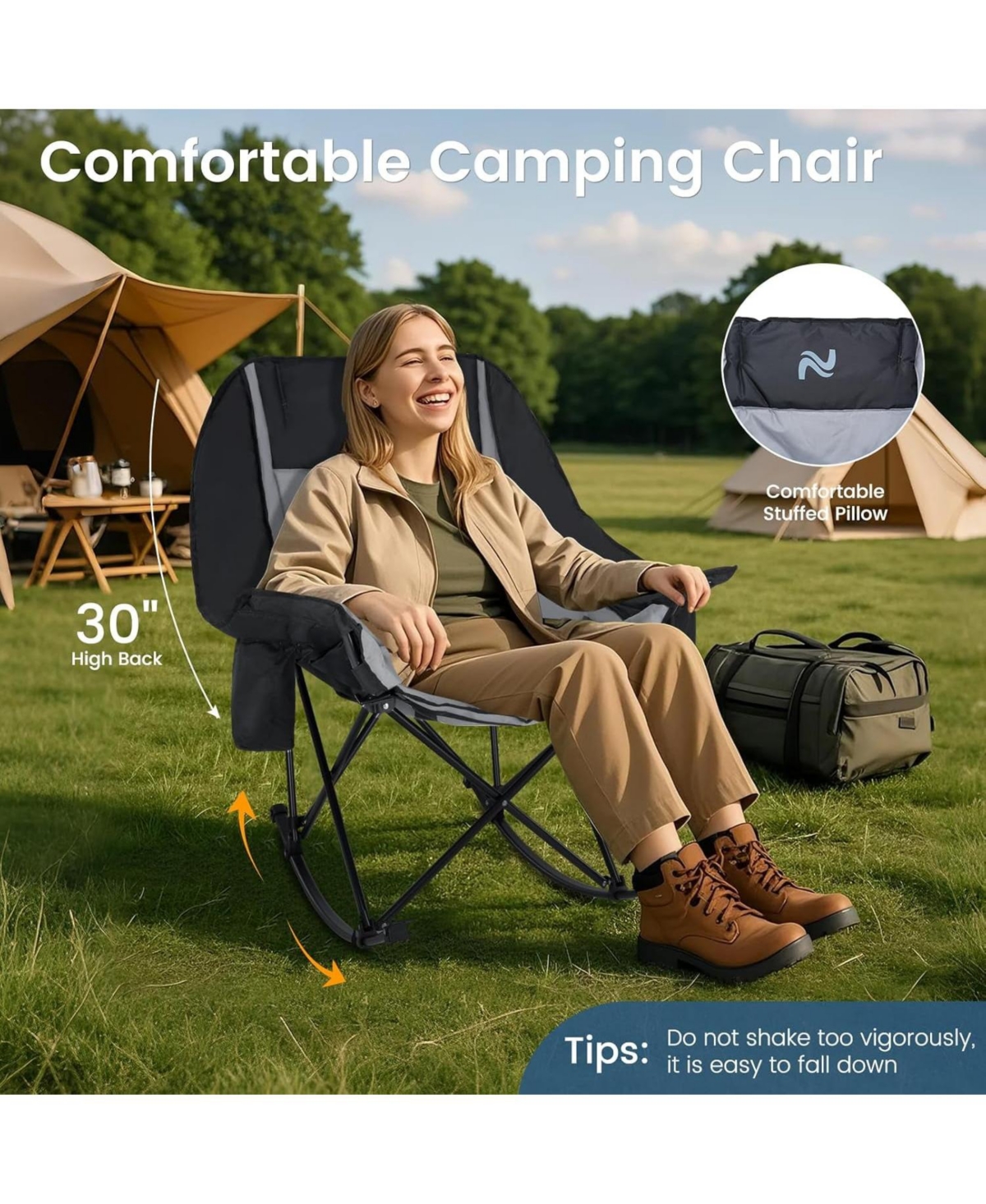 Aboron Oversized Rocking Camping Chair, Folding Chair,Fully Padded Patio Chair with Cooler BagandSide Pocket,Portable Outdoor Recliner