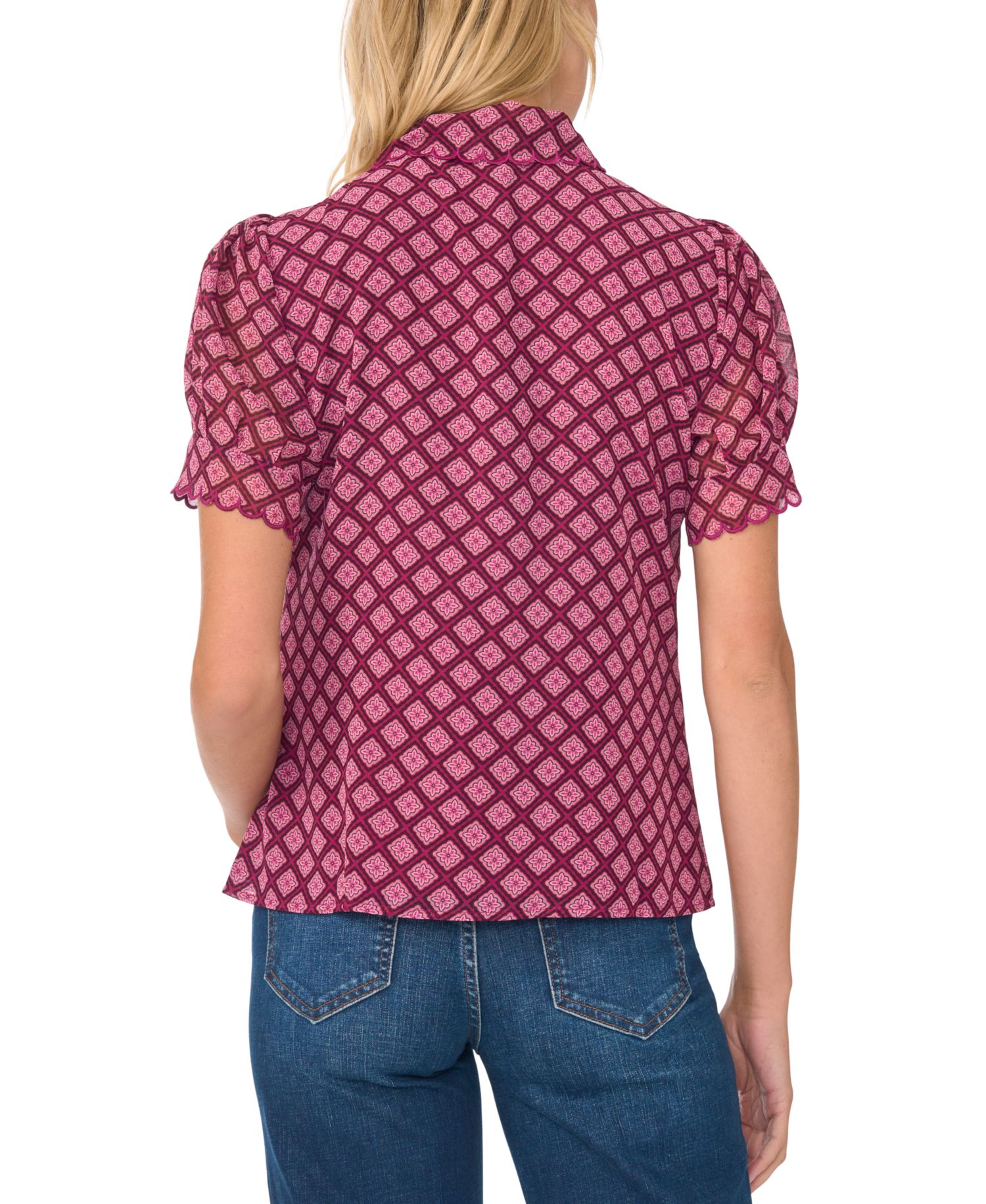 Women's Short-Sleeve Scallop Trim Button-Up Blouse
