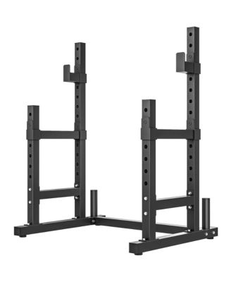 Adjustable Squat Rack Stand with Dual Barbell Holders, Safety Spotters, Plate Storage, Heavy-Duty Steel Frame
