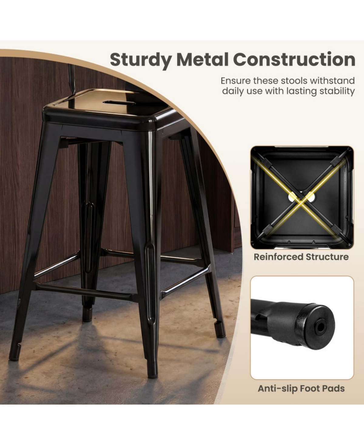 Sugift Set of 4 Stackable Metal Bar Stools with Removable Backrests and Footrests