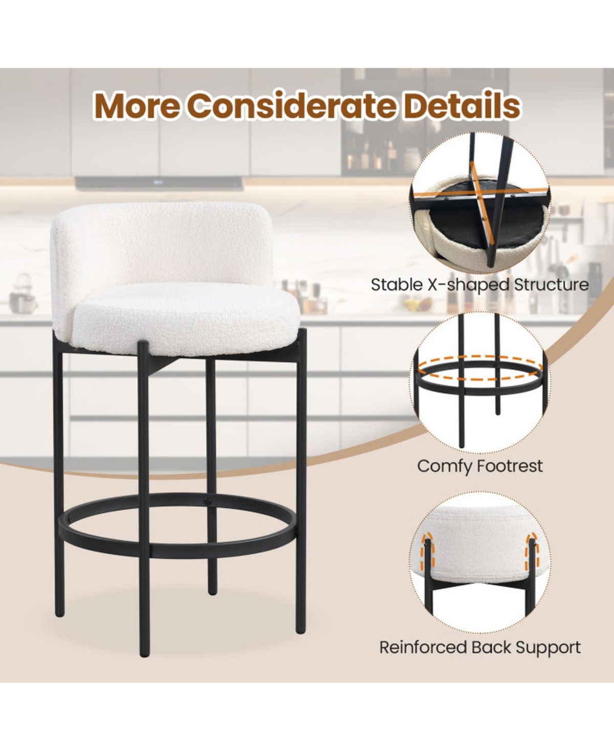 Sugift 24 Inch Boucle Counter Stools Set of 4 with Curved Backrests and Thick Cushioned Seats