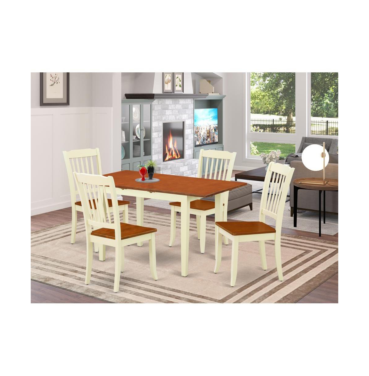 NODA5-BMK-W 42-53.5 in. Norfolk Rectangular Table with 12 in. Leaf & 4 Vertical Slatted Chairs - Buttermilk & Cherry, 5 Piece