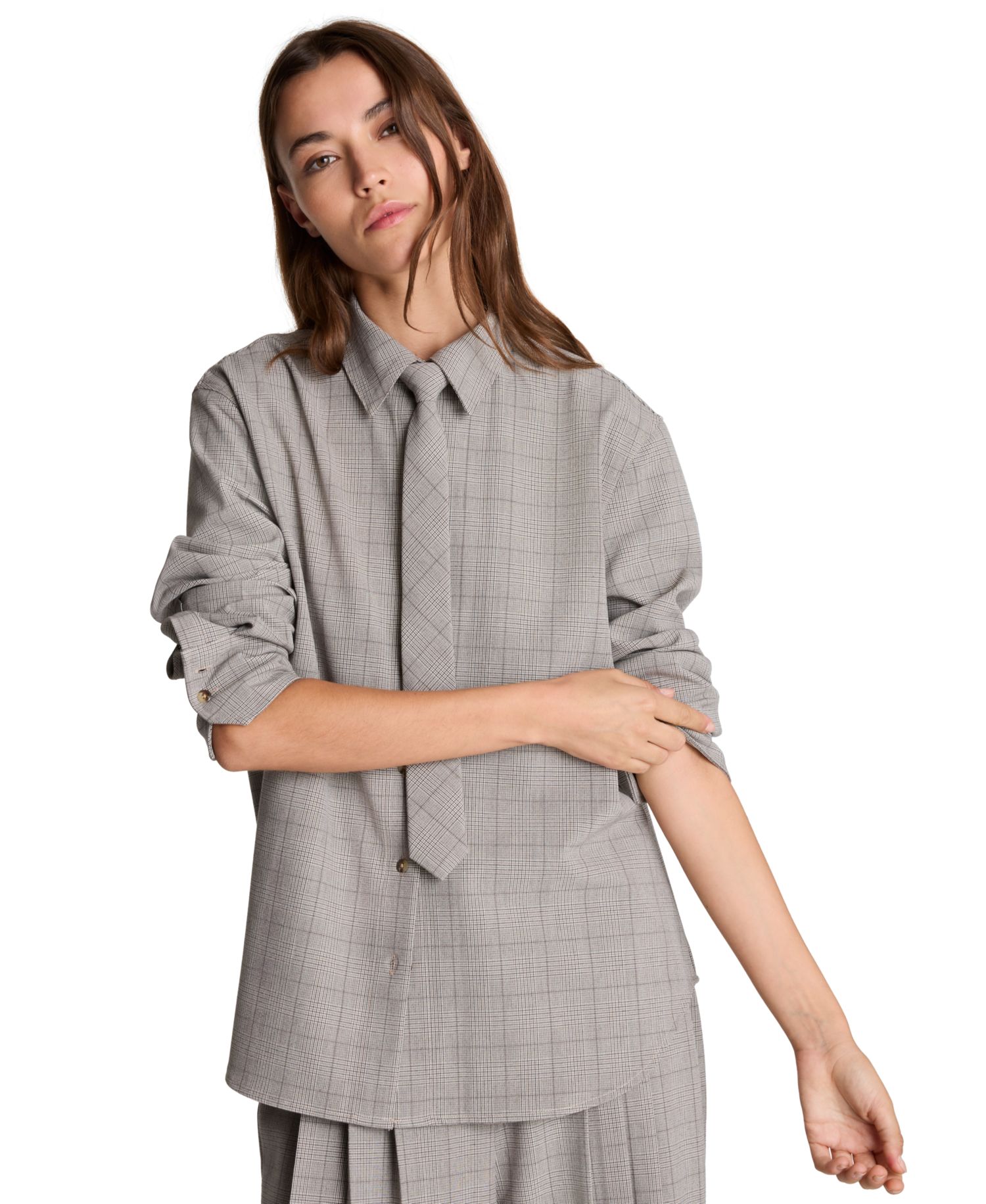 Women's Boyfriend Plaid Button Down Shirt with Tie"