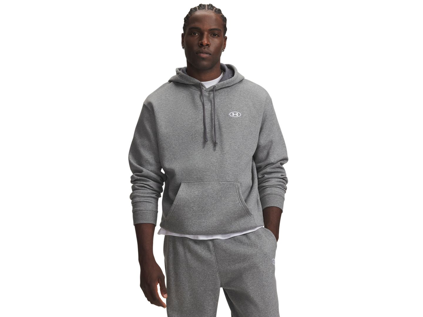 Мужское худи Under Armour Rival Fleece, цвет: Тёмно-серый меланжевый / Белый — фото 1