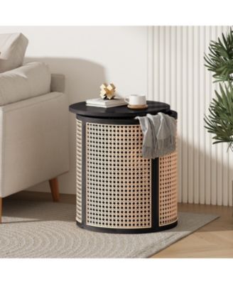 Round Rattan End Table, 15.7 Inch Woven Side Table with Rubber Wood Top, Small Nightstand for Living Room Bedroom
