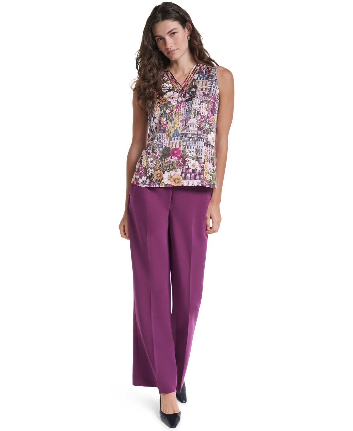Karl Lagerfeld Paris Women's Floral V-Neck Woven Blouse