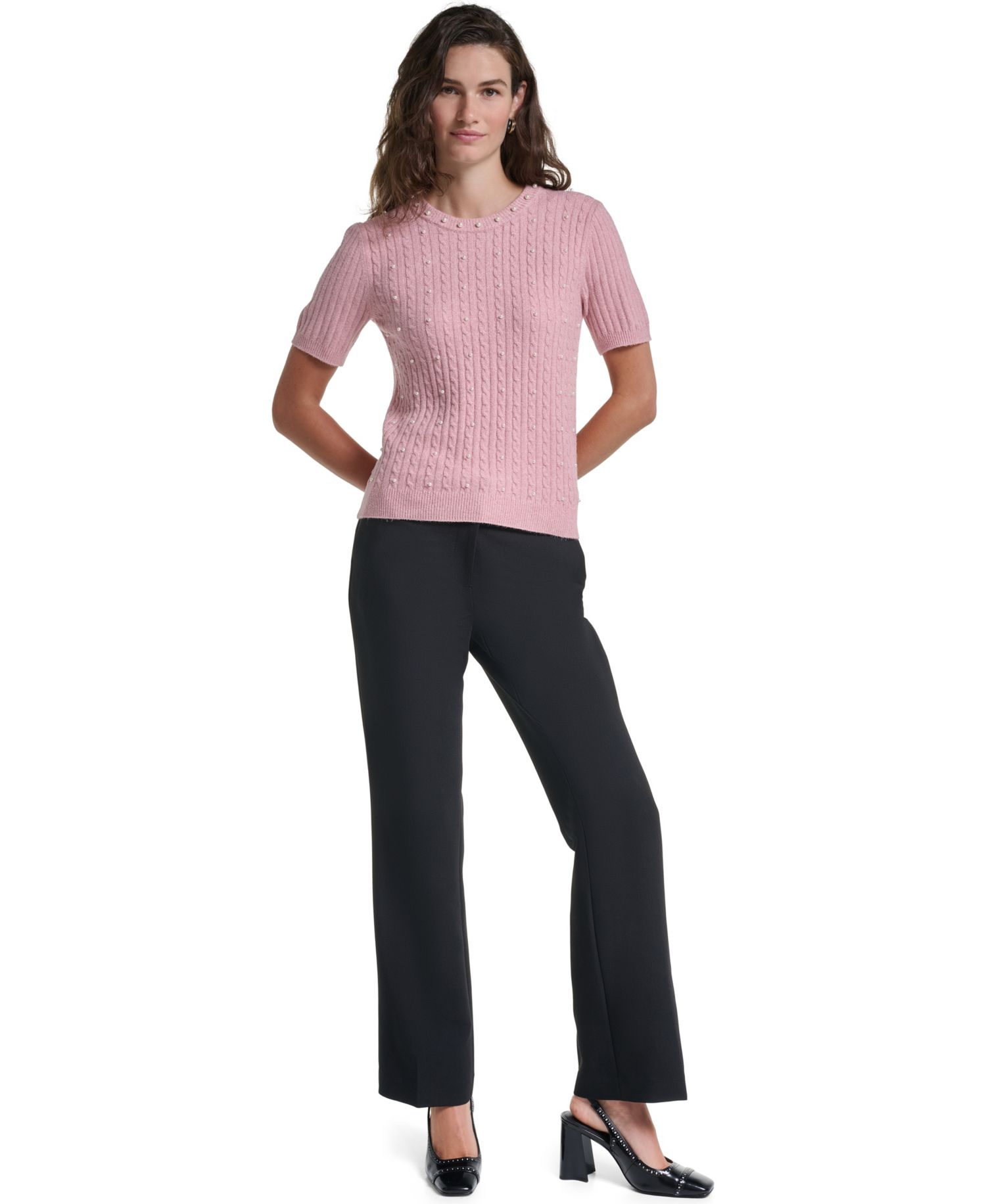 PetiteCable-Knit Crewneck Short-Sleeve Sweater