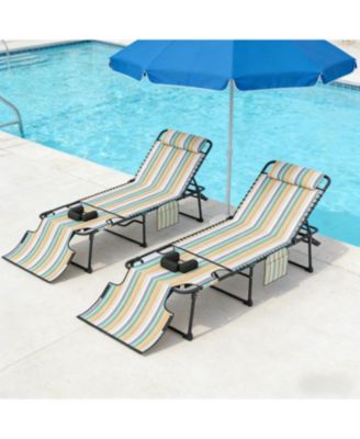 2 Piece Folding Chaise Lounge, with Face Hole, 5-Level Reclining Back, with Side Pocket and Headrest, for Beach, Yard, Patio