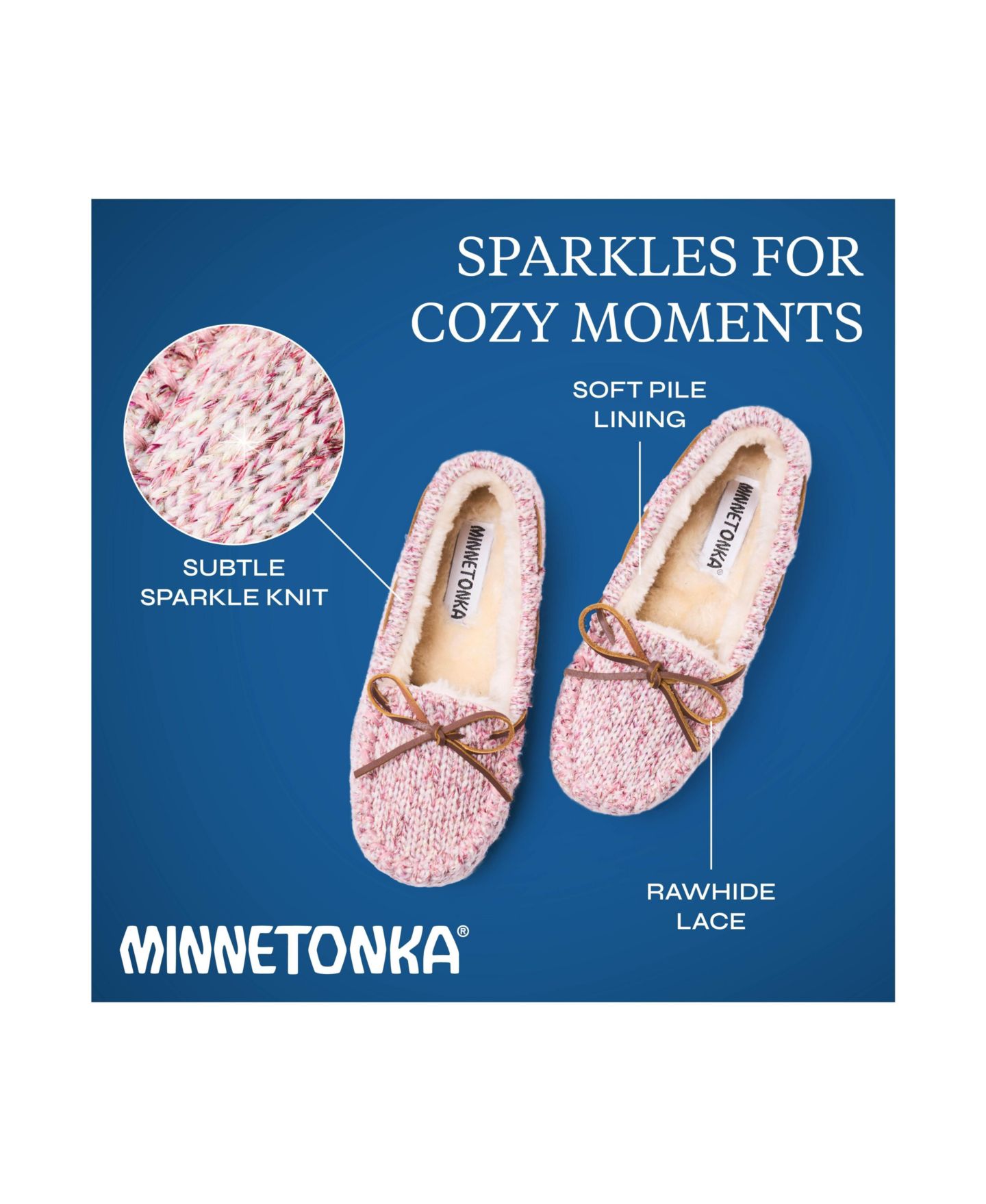 Женские тапочки Minnetonka Comfy Moc Sparkle Knit Slippers, цвет: Розовый — фото 7