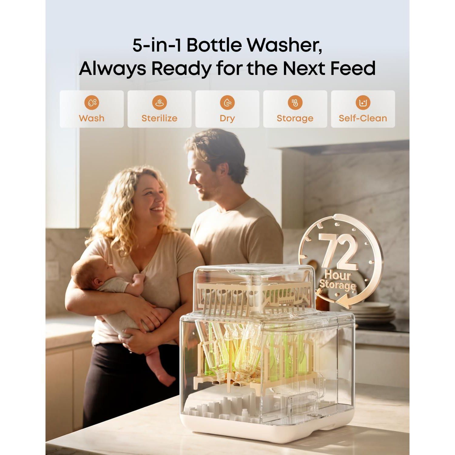 S1 Baby Bottle Washer,Sterilizer and Dryer with 60 Detergent Tablets,10-Bottle Capacity,No Spot and Odorless Cleaning