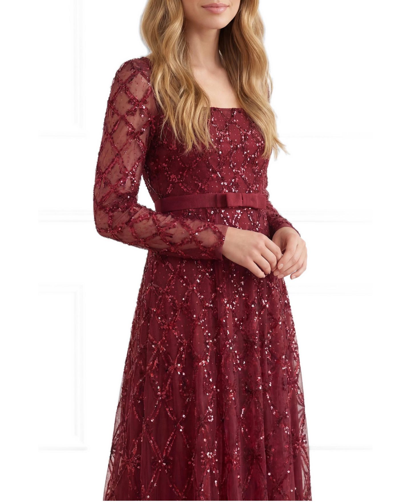 Женское платье Needle & Thread Bow Lattice Long Sleeve Sequin Gown, цвет: Гранатовый — фото 3
