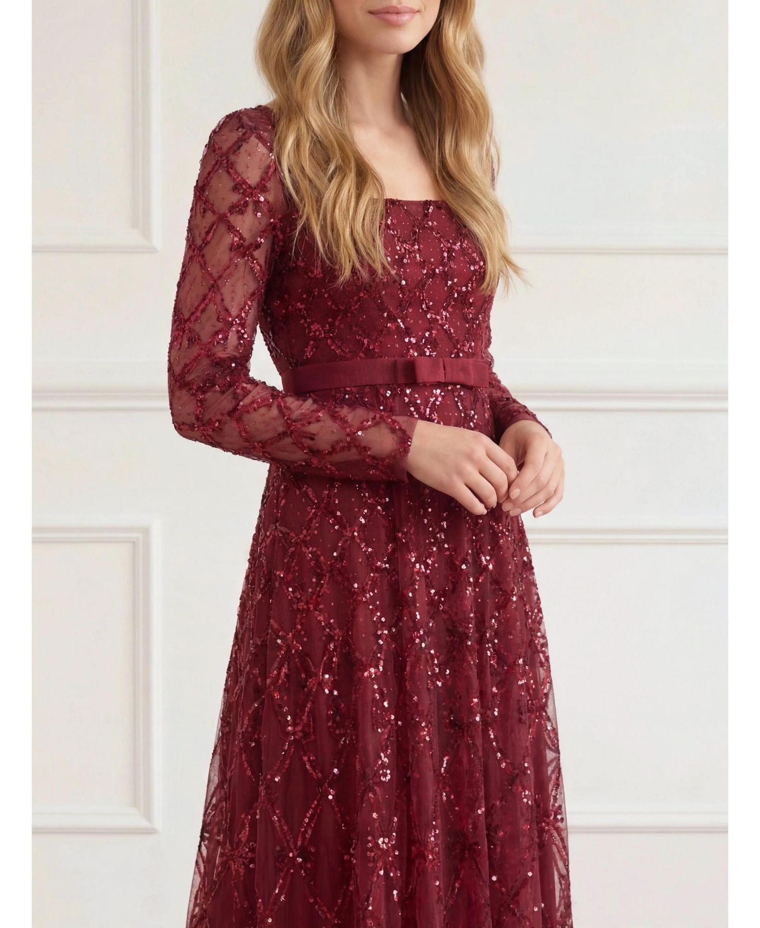 Women's Bow Lattice Long Sleeve Sequin Gown
