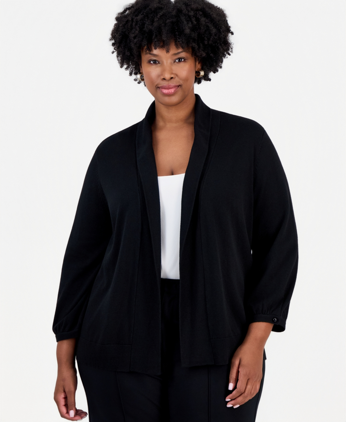 Kasper Plus Size Kissing Front Shawl-collar Lightweight Cardigan In Black
