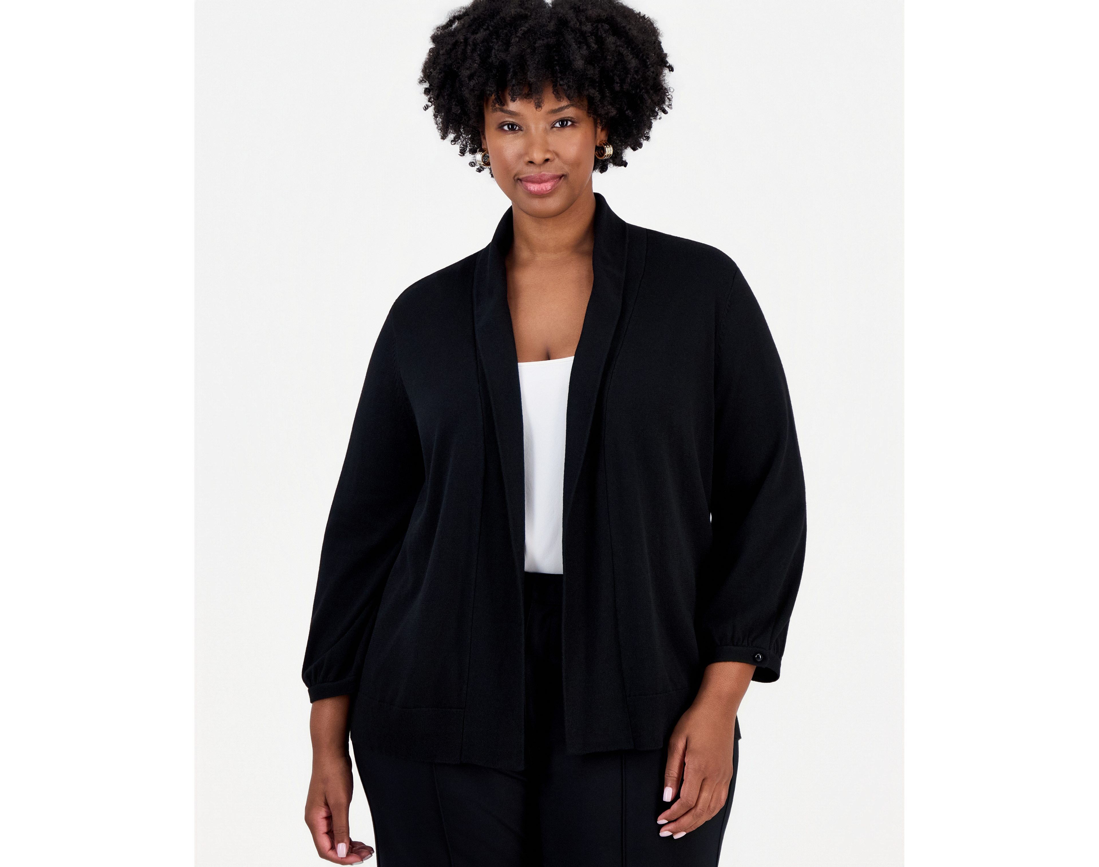 Kasper Plus Kissing Front Shawl-Collar Lightweight Cardigan
