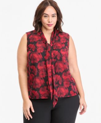 Plus Size Tie-Front Floral-Print Sleeveless Blouse
