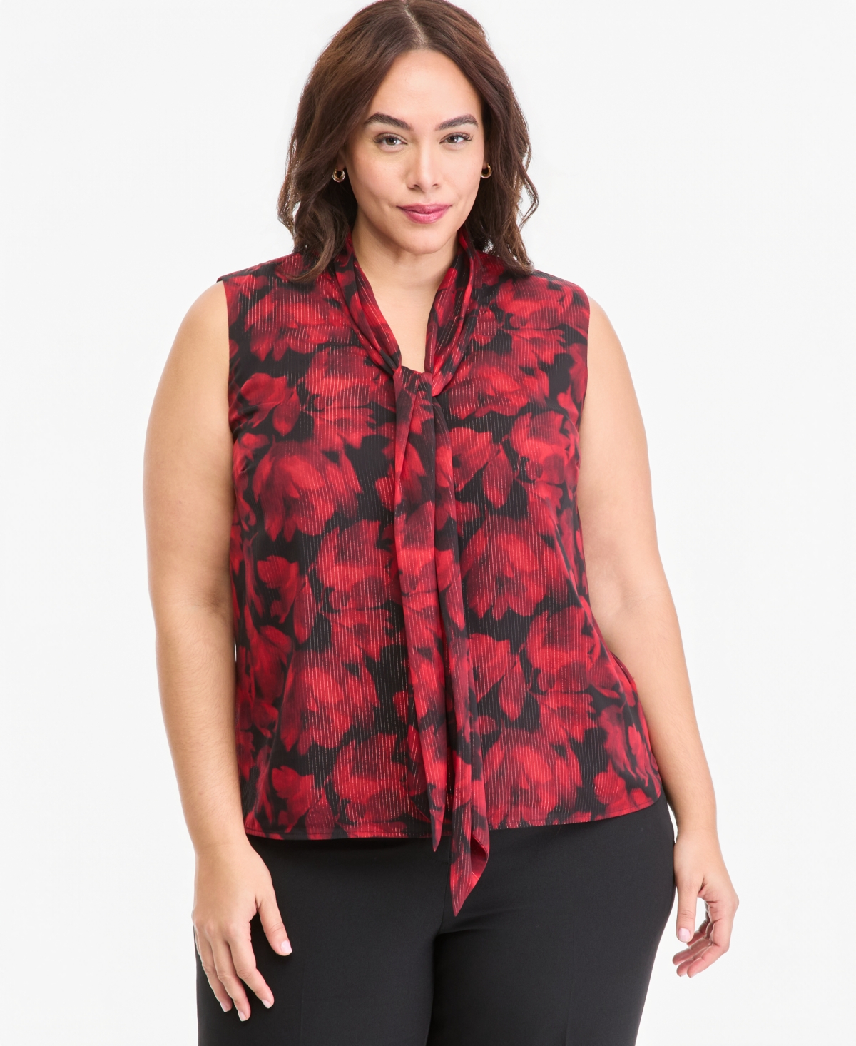 Kasper Plus Tie-Front Floral-Print Sleeveless Blouse