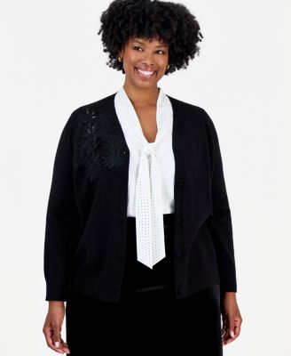 Plus Size Floral Applique With Sequin Embellishments V-Neck Cardigan